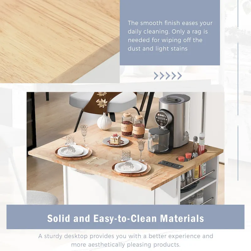 Adjustable Shelves Kitchen Island with Power Outlet and Drop Leaf