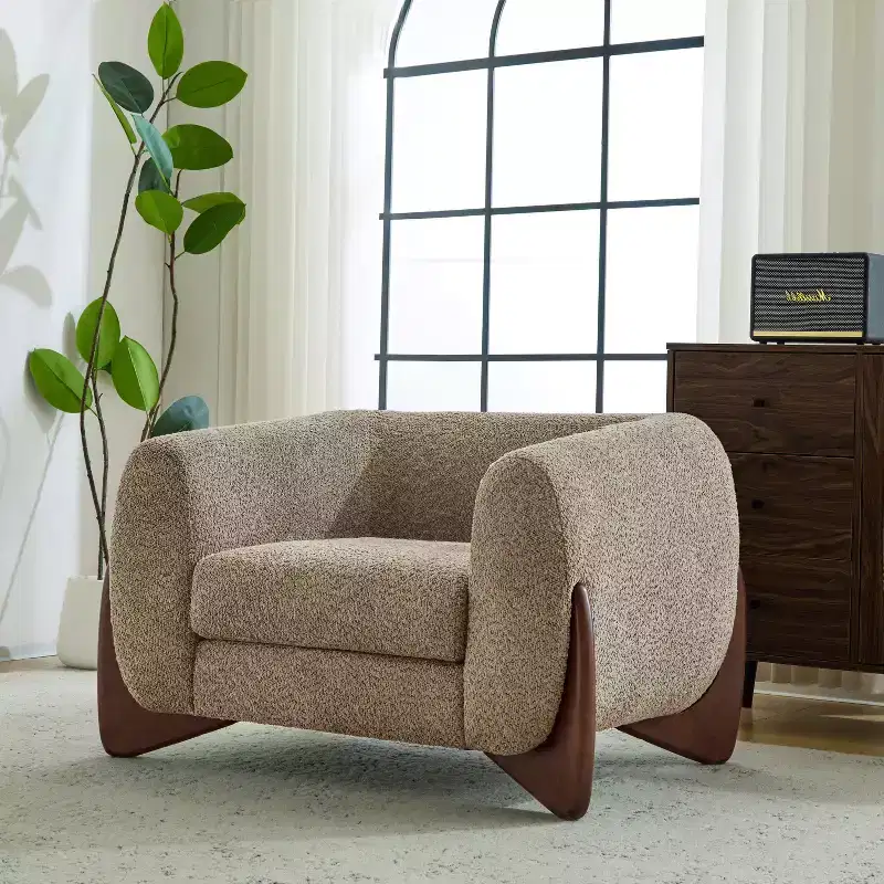 Birch Wood Boucle Upholstered Club Chair
