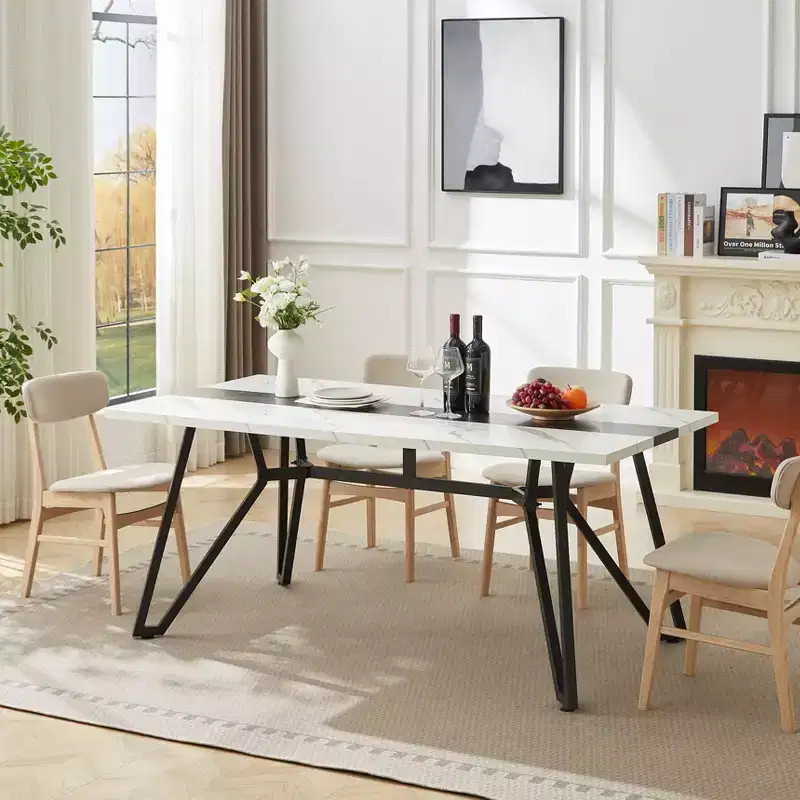 Okak 70.9 Rectangular Dining Table Marble Grain Waterproof Kitchen Table with Adjustable Legs for 8 for Kitchen, Office