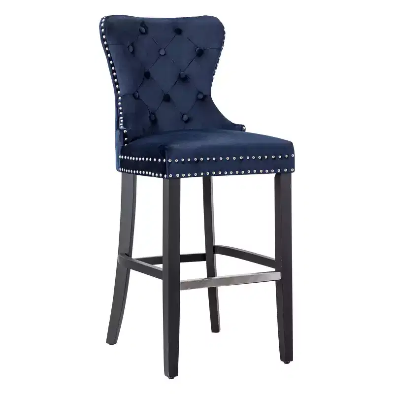 29 Tufted Upholstered Velvet Bar Stool with Metal Footrest, Velvet Navy Blue