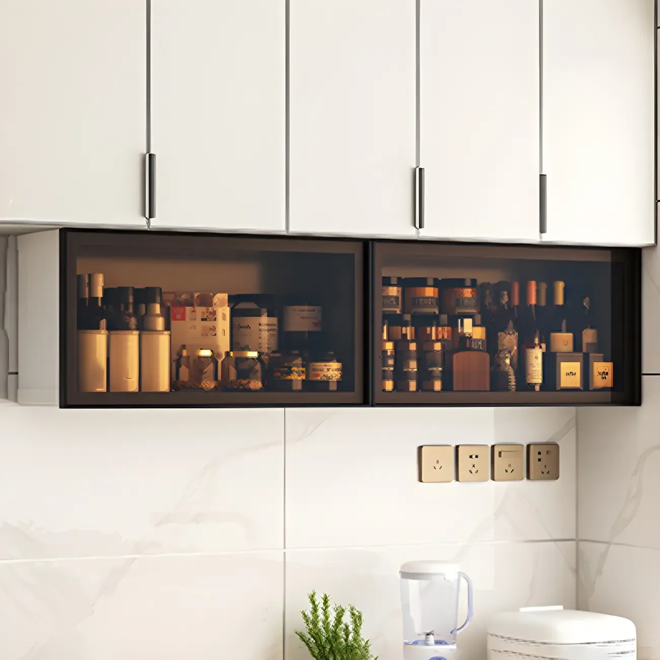 Grey Metal Floating Mounted Glass Kitchen China Cabinet