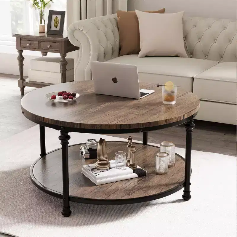 Farmhouse 2 Tier Wooden Coffee Table Round Coffee Table, for Living Room,
