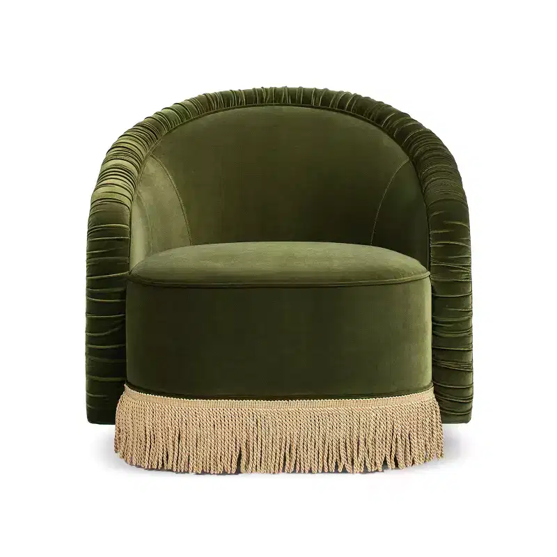 Jennifer Taylor Home Serena 31.5 Ruched Barrel Back Accent Arm Chair with Bullion Fringe, Olive Green Performance Velvet