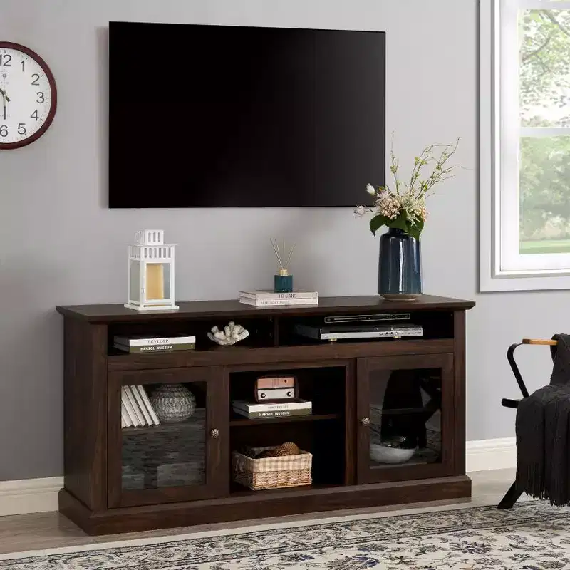 Modern TV Media Console, MDF, Fits TVs up to 65 Inches, Open and Closed Storage, Brown
