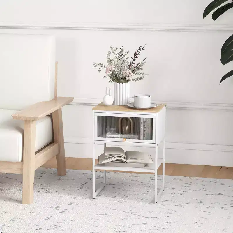 Costway 1/2 PCS Home Nightstand 3-Tier Storage Table with Open Shelf Heavy-duty Metal Frame