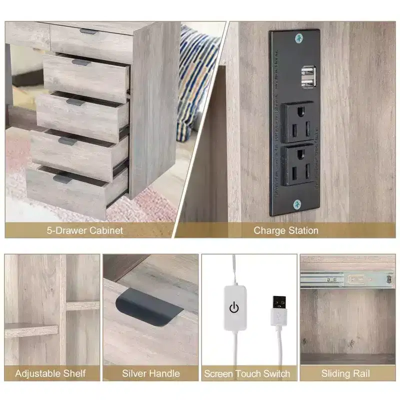 Gray Particle Board Melamine-Laminated 6-Drawer 2-Shelf Dressing Table Set