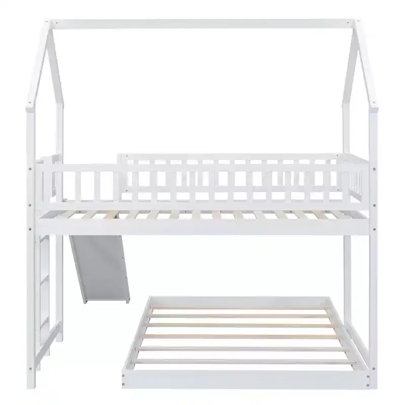 Whisen House Roof Design Twin over Full House Bunk Bed with Slide and Built-in Ladder