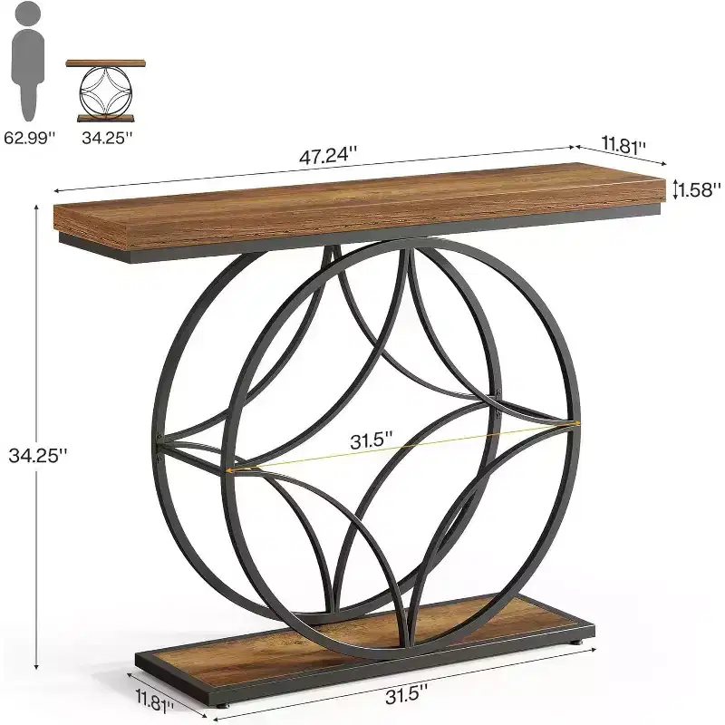 Lantine 47Console Table,2-Tier Sofa Table with Geometric Metal Frame, Narrow Entryway Tables with Storage Shelf for Living Room, Rustic Brown