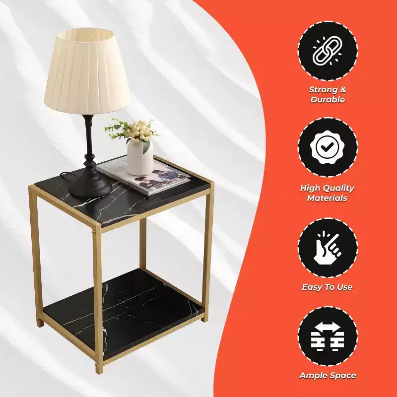 2-Tier Faux Marble Side End Table Gold Metal Frame Nightstand Bedroom Living Room