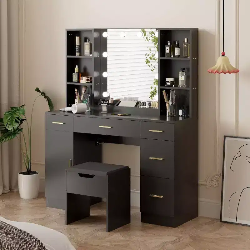 Acekool Farmhouse Vanity Set with Mirror, Makeup Desk with Storage Shelves & Cushioned Stool for Bedroom
