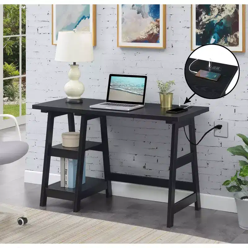 Trestle Home Office Desk with Built-In Charging Station and Display Shelves