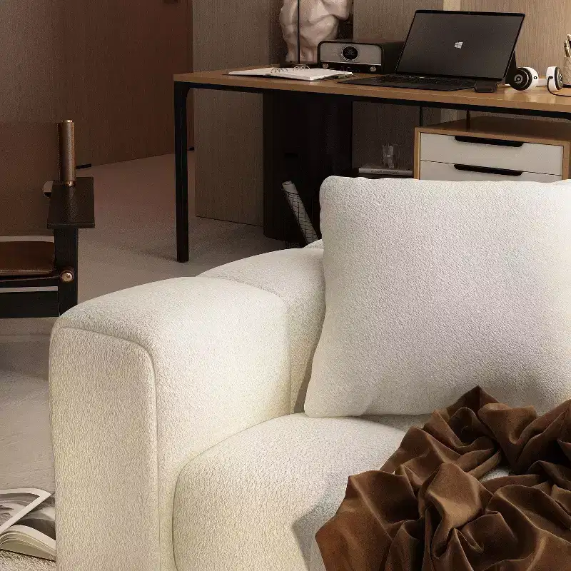 100.8W Modern 4-Seat White Teddy Velvet Sofa with Solid Wood Base