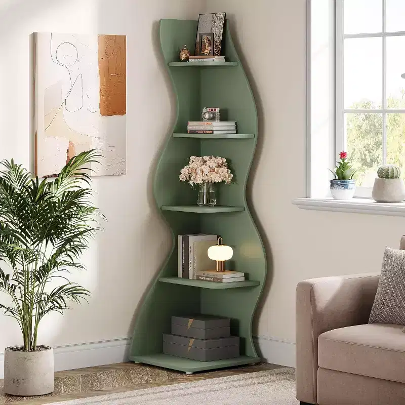 Lantine Wavy Corner Shelf, Modern 5-Tier Bookshelf Bookcase with Curvy Shape, Unique Plant Stand Display Rack for Living Room Small Space (Green)