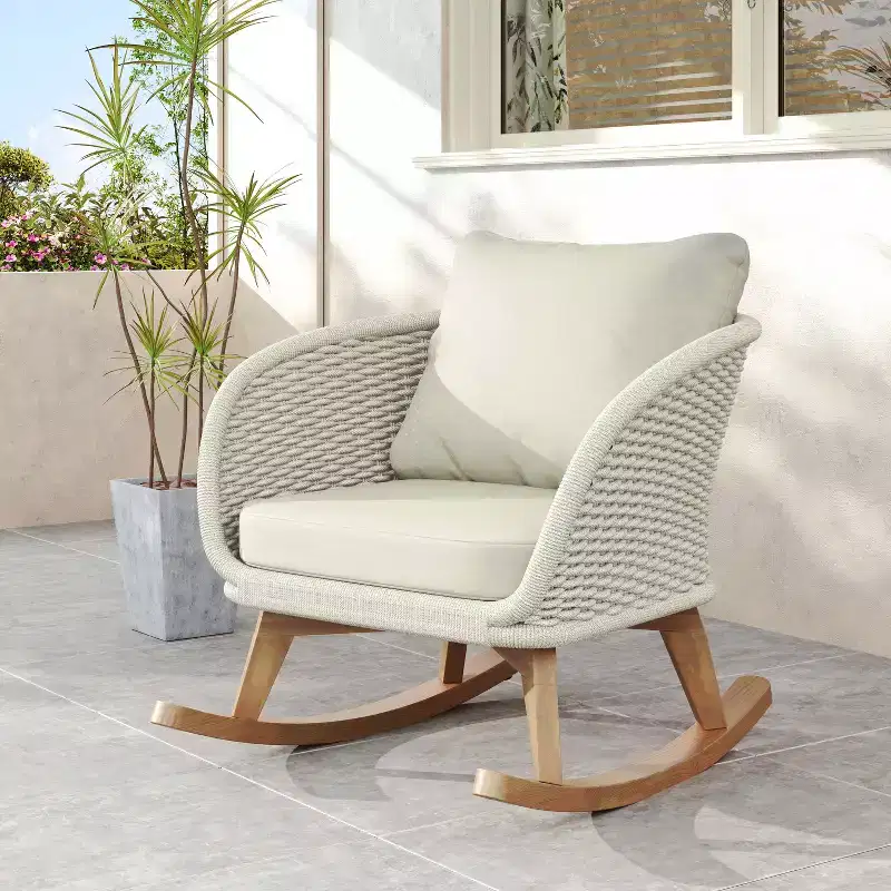 MAYEERTY Contemporary Beige Wicker Rocking Chair, Polyester Cushion Wooden Frame Chair for Patio Balcony Living Room