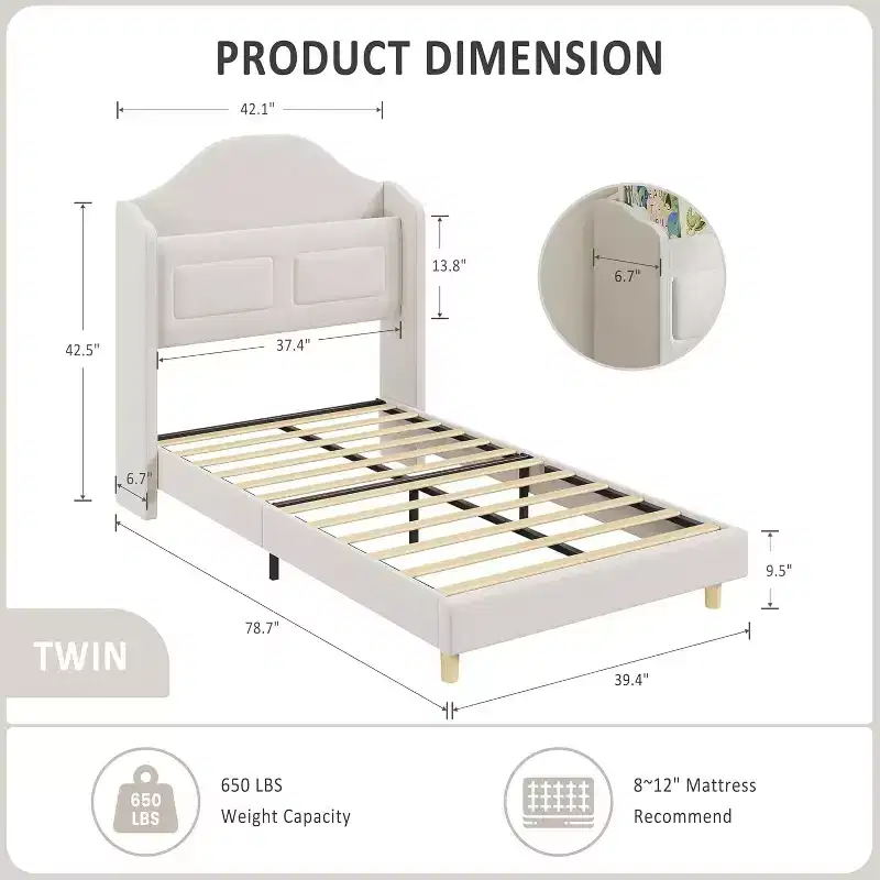 Velvet Upholstered Twin Bed Frame with Wingback Storage Headboard, LED Lights, Wood Slat Support, No Box Spring Required, Platform Design.