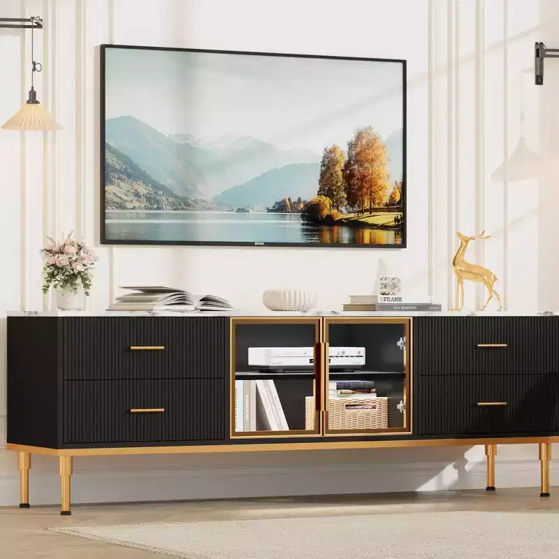 Recessed TV Cabinet with LED Lighting, Modern Entertainment Center for TVs up to 75 inches, Marble-Look Countertop, 4 Drawers.