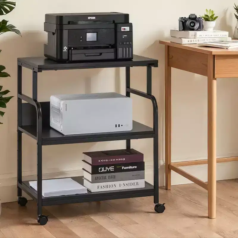 VECELO Printer Stand, 3-Tier Rolling Cart with 5-Level Adjustable Shelves & Lockable Wheels, Black