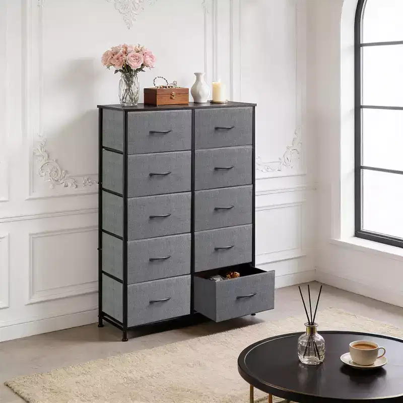 Metal Frame 10-Drawer Fabric Storage Tower Gray