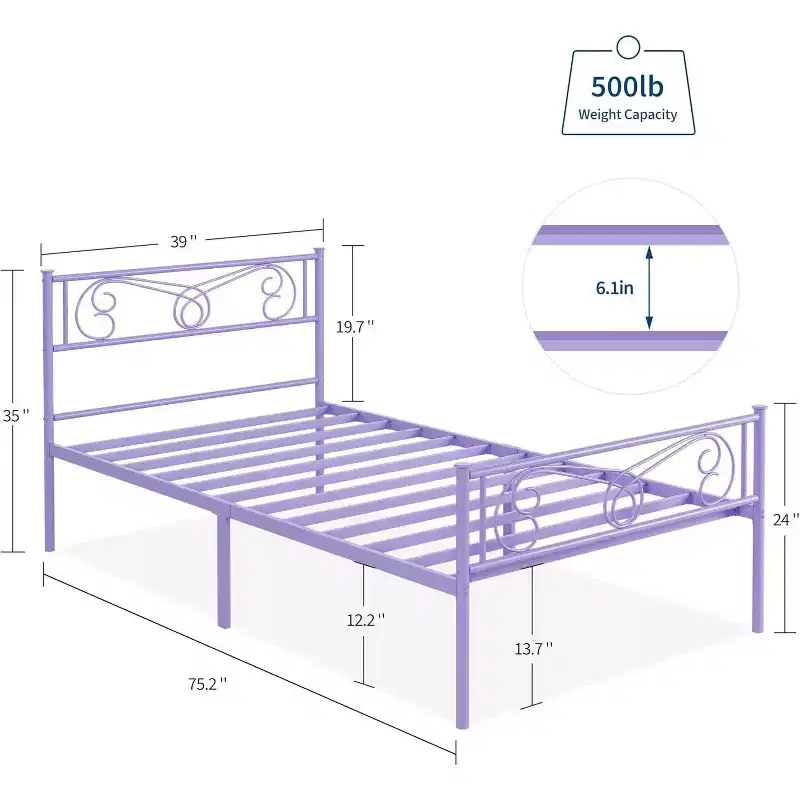Purple Twin Metal Bed Frame with Headboard, Footboard, 12.2-Inch Storage, Steel Slats, No Box Spring