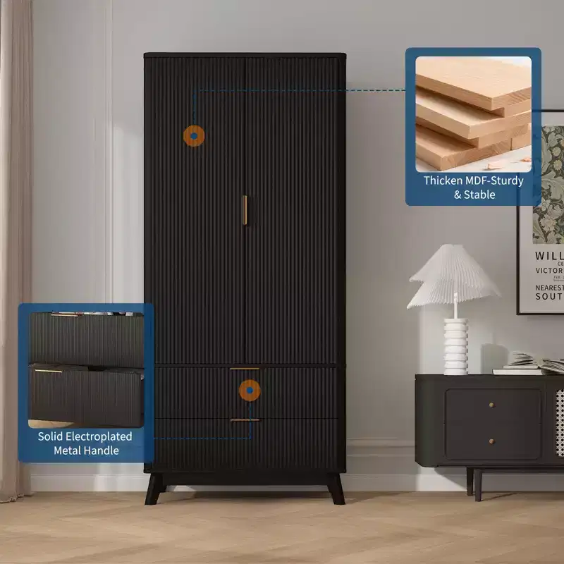 Fluted Armoire Wardrobe Closet, 71 Inch Wood Armoire with 2 Doors, 2 Drawers, Adjustable Shelf and Hanging Rod, Clothing Storage Cabinet