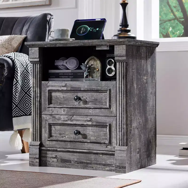 26 Nightstand with Charging, 23.6 Farmhouse Table Open Shelf & 2 Drawers