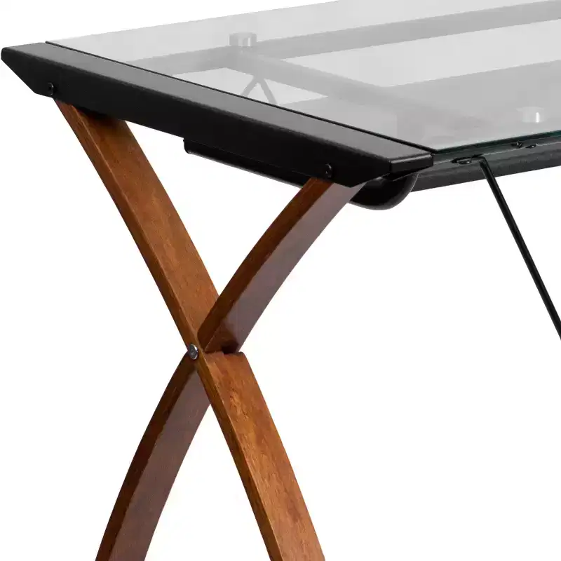 Emma and Oliver Glass Computer Desk-Pull-Out Keyboard Tray & Crisscross Frame