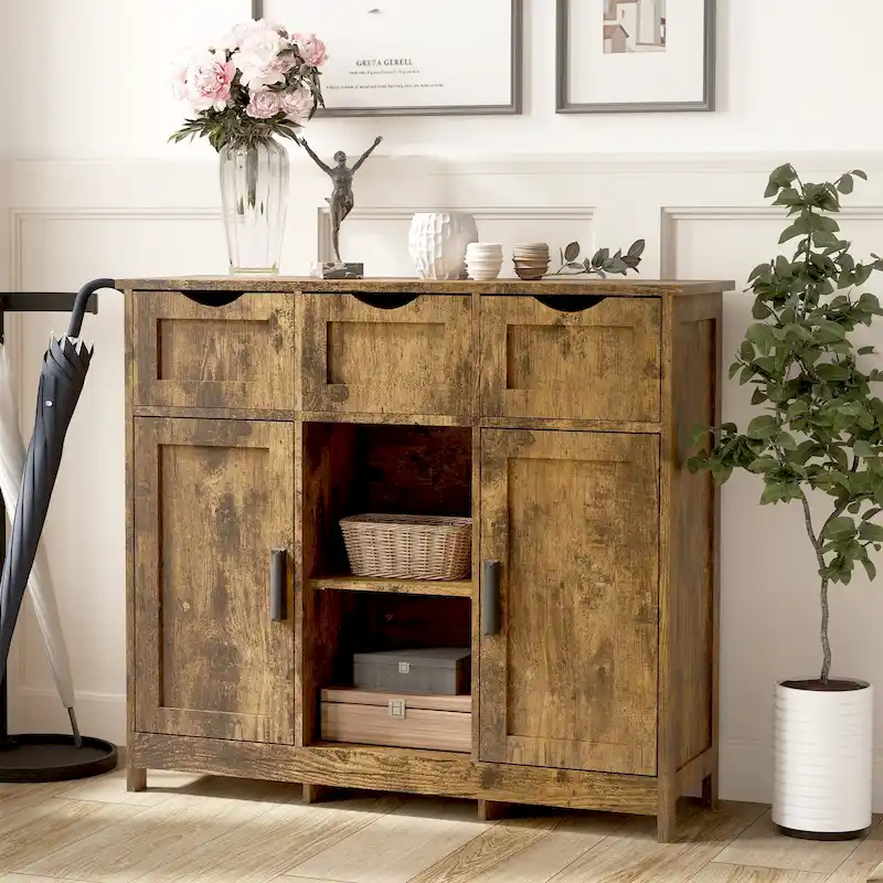 3-Drawer 2-Door Storage Cabinet – Vintage / Grey, MDF, Adjustable Shelves