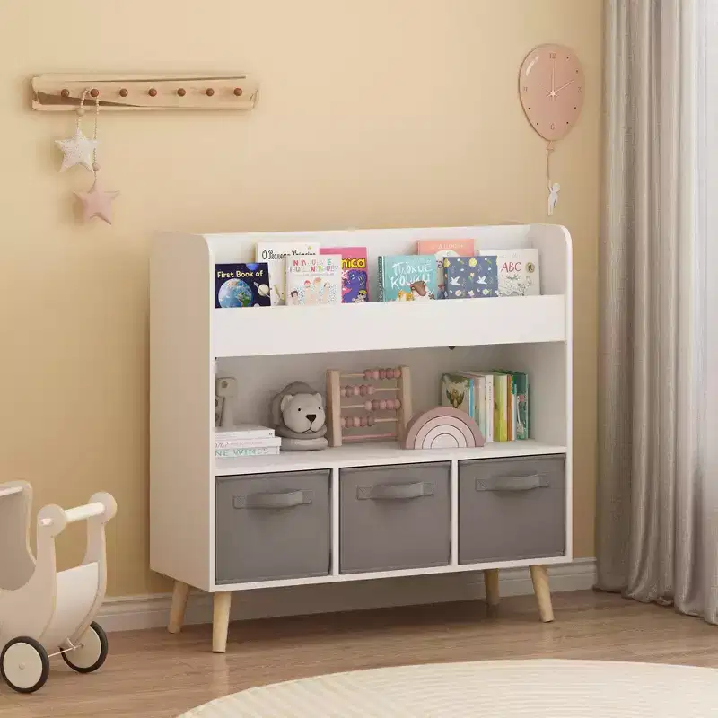 Kids Bookshelf with 3 Fabric Bins, Modern Children's Bookcase with Storage for Toys and Books, Toddler Book Organizer Shelf for Playroom