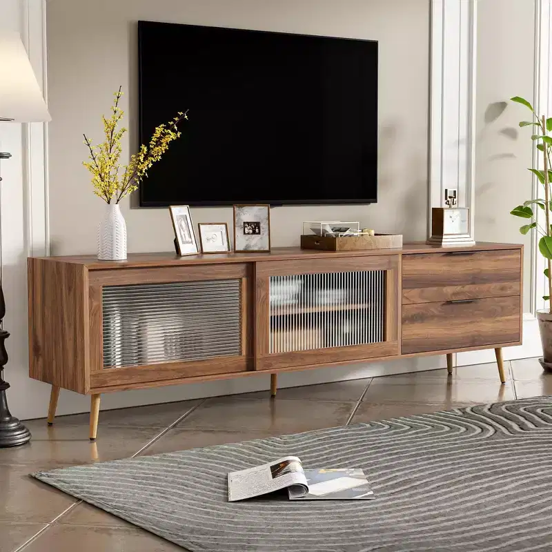 Vintage TV Stand with Fluted Glass Doors for 75 inch TV, Wood TV Storage Cabinet Table with Drawers and Solid Wood Legs for Living Room, Walnut