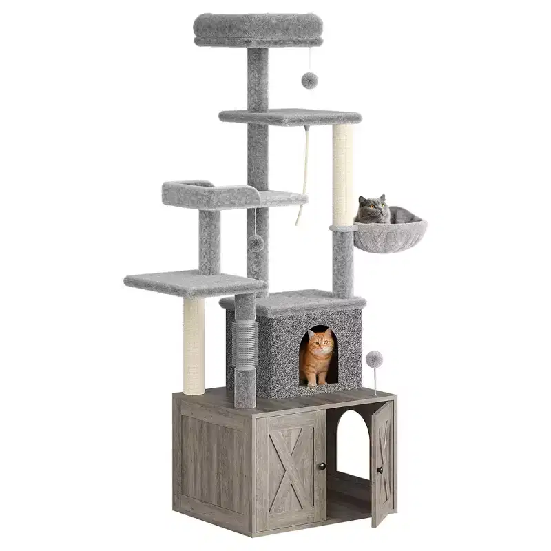 Cat Tree, Litter Box Enclosure - 2-in-1 Hidden Pet Washroom Furniture with Sisal Scratching Posts, Hammocks, Condo, Multi Platforms for Cats
