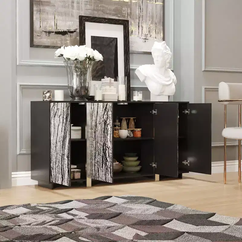 Famapy Chic Buffet Cabinet with Wood - Grain Pattern, Integrated Lighting and Sturdy Black Frame - Elevate Dining Spaces with Stylish Storage