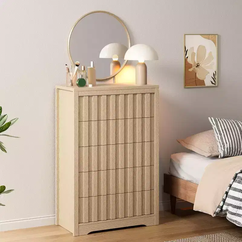 Dresser for Bedroom with 5 Drawers, 47.2 Wide Wood Dressers & chests of Drawers, Wooden Dresser TV Stand, Modern Storage Organizer Modern Dressers