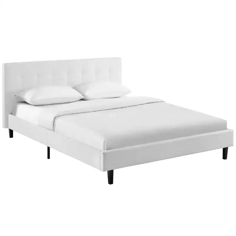 Modway Full Linnea Bed White: Upholstered Polyester Fabric, Solid Wood Legs, Slatted Support, No Box Spring Needed