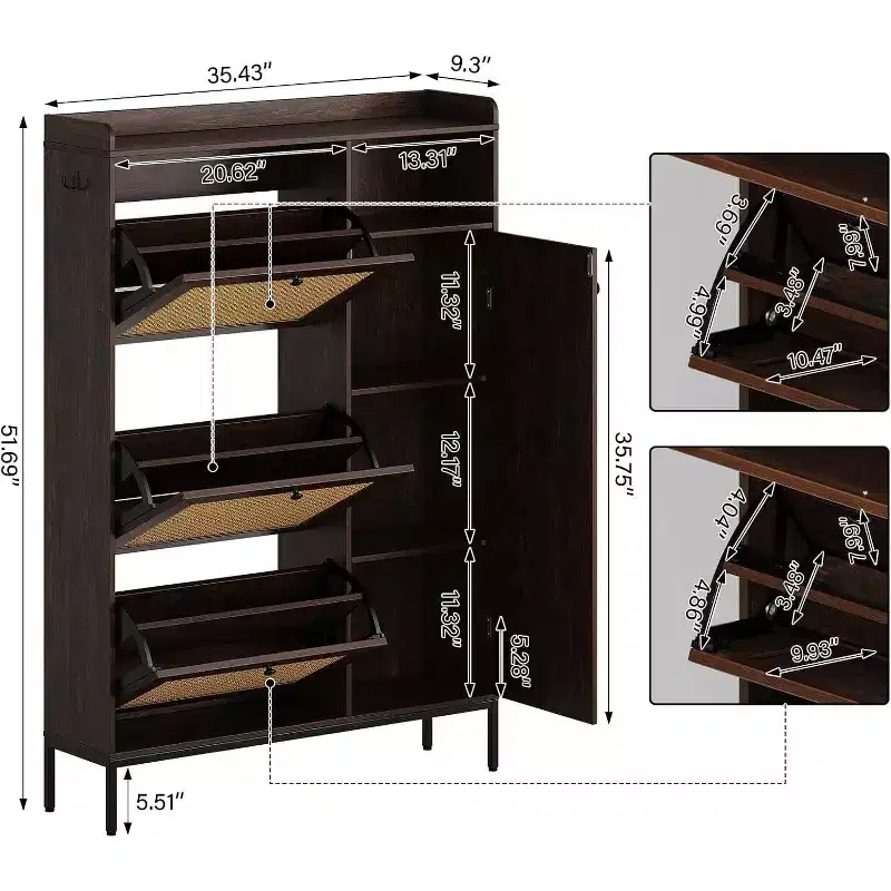 CuisinSmart 3 Tier Free Standing Shoe Cabinet with Natural Rattan, Shoe Organizer with Adjustable Shelves, Narrow Shoe Rack for Hallway, Cherry