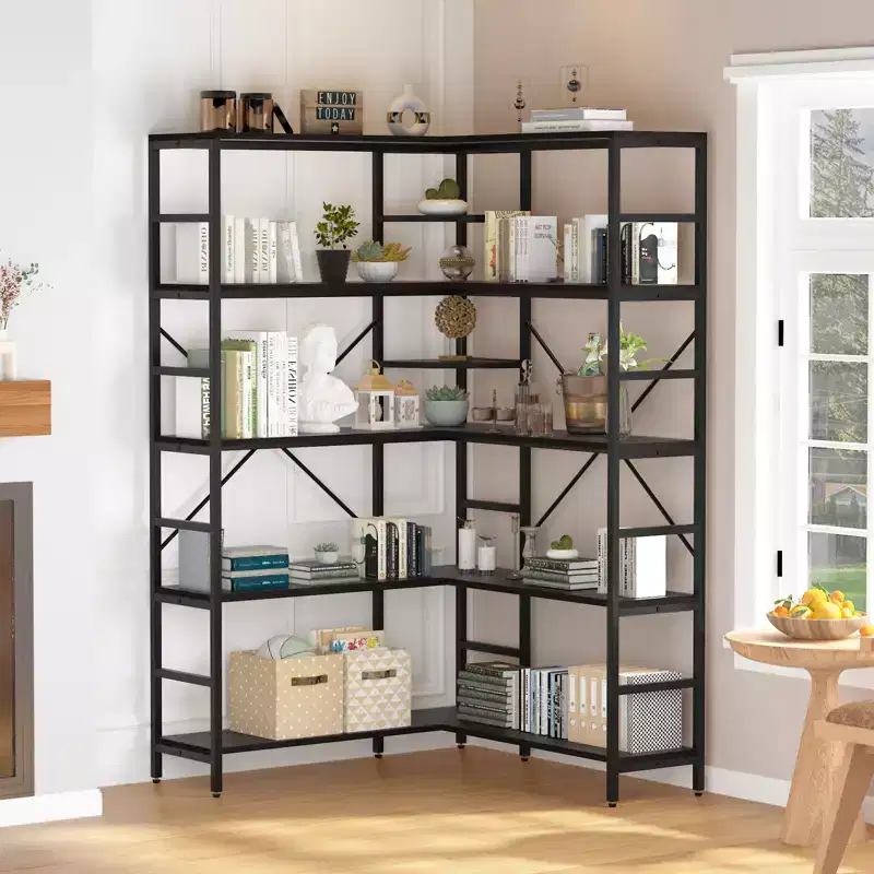 5 Tier Corner Bookshelf, L Shape Tall Bookcase, Industrial Bookshelves, Metal Frame for Bedroom, Living Room, Home, Office
