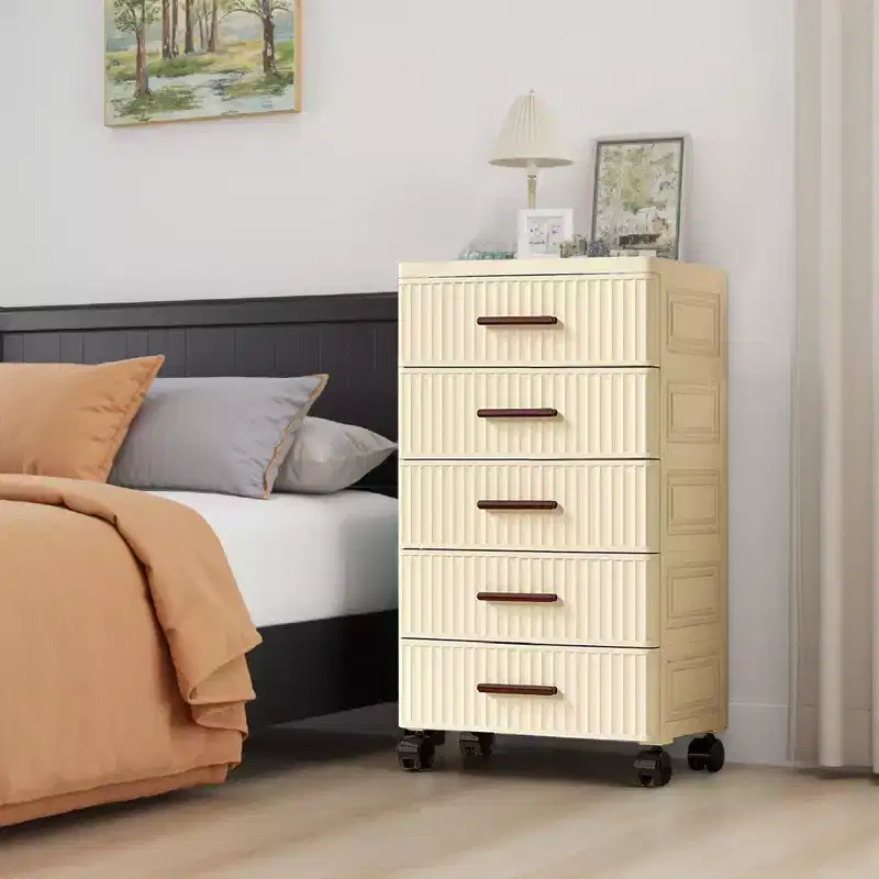 5-Tier Rolling Storage Cart with Drawers, Cream Plastic Organizer for Bedroom, Living Room, Kids Room, Office, Kitchen
