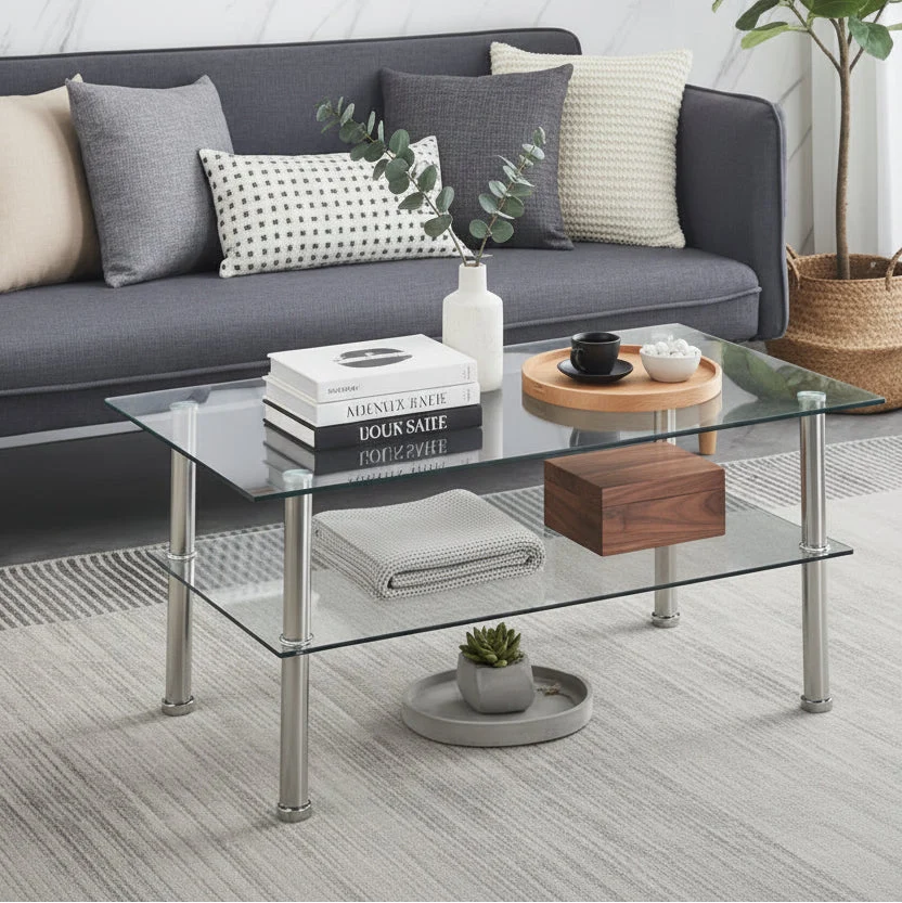 2-Tier Round Tempered Glass Coffee Table – Transparent, Iron Frame, Modern Style, Single