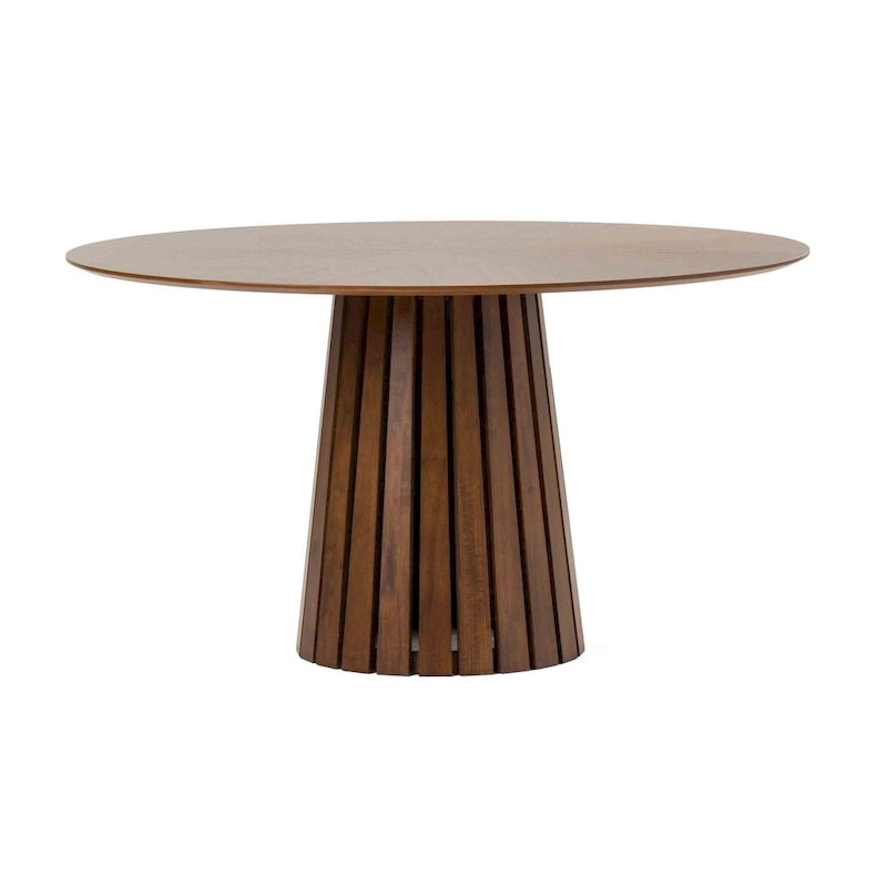 Cid Xeu 54 Inch Dining Table, Round Walnut Veneer, Slatted Pedestal Base