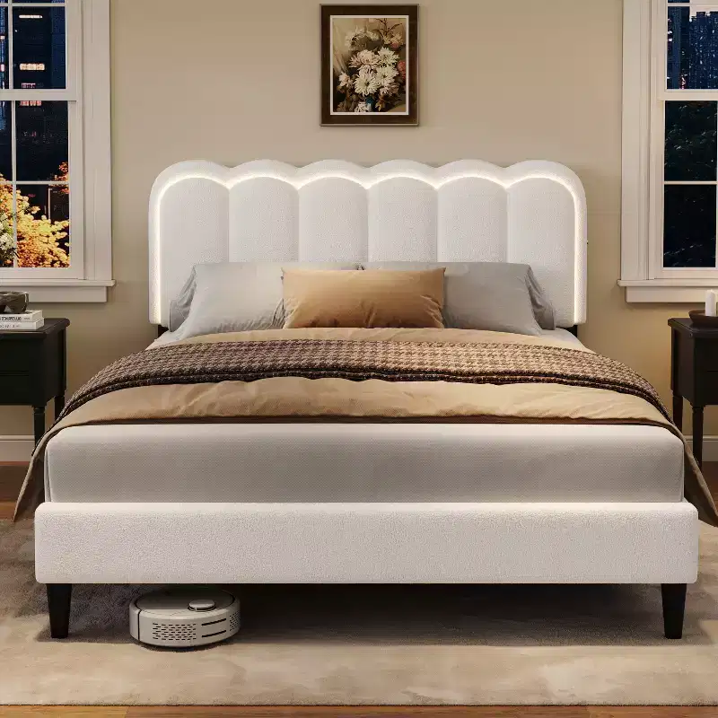 Modern Rubberwood Boucle Upholstered Bed with Light and Petal Headboard