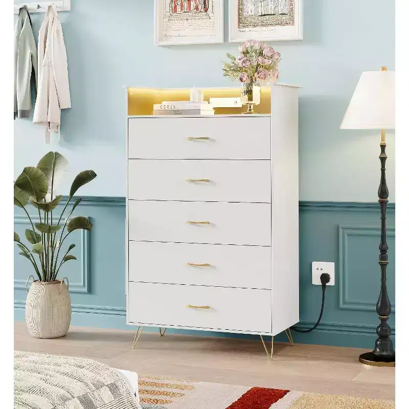 5-Drawer Dresser with LED Lights, App-Controlled Charging Station for Living Room, White