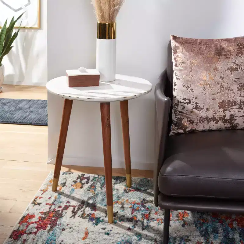 Round Marble Accent Table, White Marble Top with Brass Inlay and Acacia Wood Tapered Legs, No Assembly