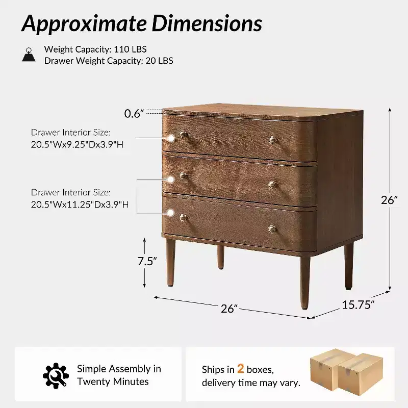 Noah Modern 26W 3-Drawer End Table Set of 2 with Solid Wood Legs Built-in Outlet|ART OF LIVING DESIGNS-WALNUT