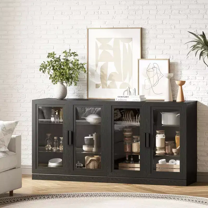Solid Wood Modern Kitchen Pantry Sideboard with Glass DoorsVersatile Buffet Cabinet