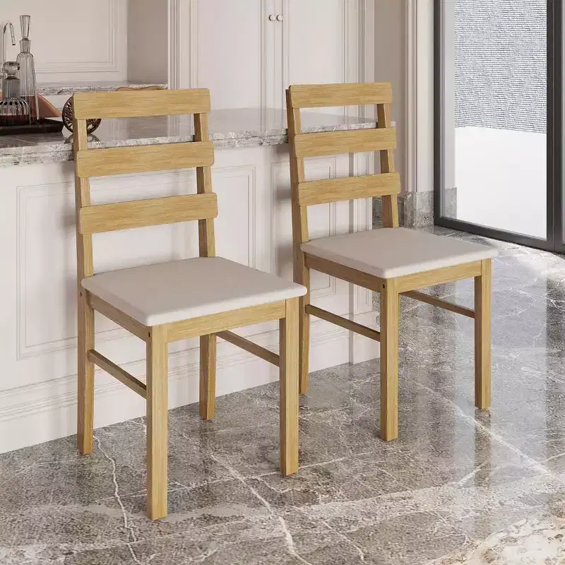 Scandinavian Upholstered Dining Chair with 3-Horizontal Back & Natural Wood Legs