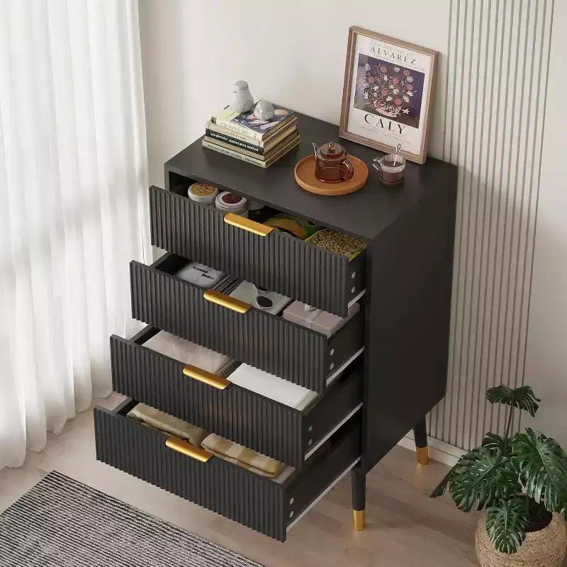 4-Drawer Fluted Dresser with Gold Handles & Metal Legs, Modern Bedroom Chest, Black/White