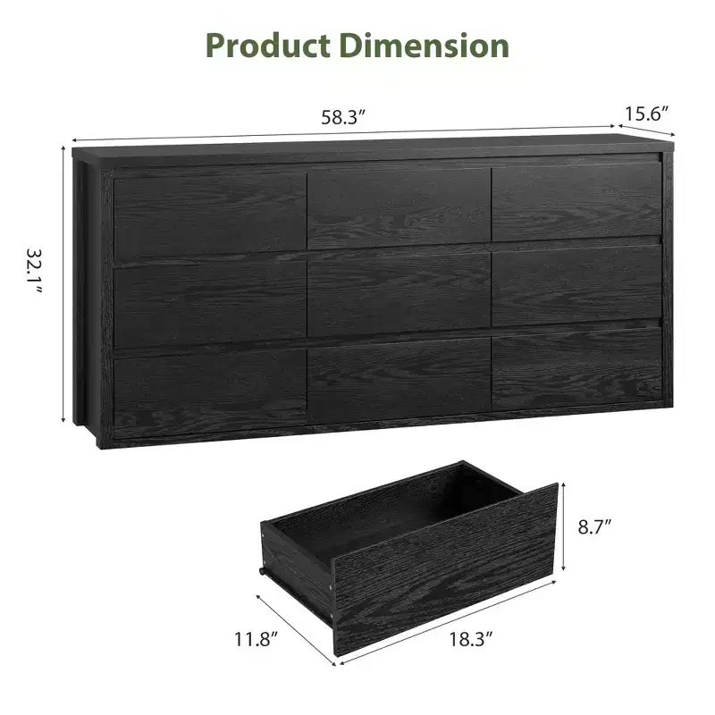 COZONY 9-Drawer Wooden Dresser, Handle-Free Storage Cabinet for Bedroom, Living Room & Hallway, with Anti-Tip Safety