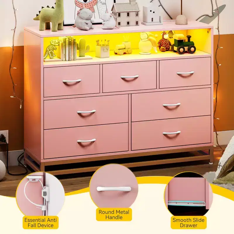Dresser with 7 Drawers, Wooden Dresser with Led Lights Charging Station, Chest of Drawers with Capacity Storage for Bedroom, Living Room, Hallway