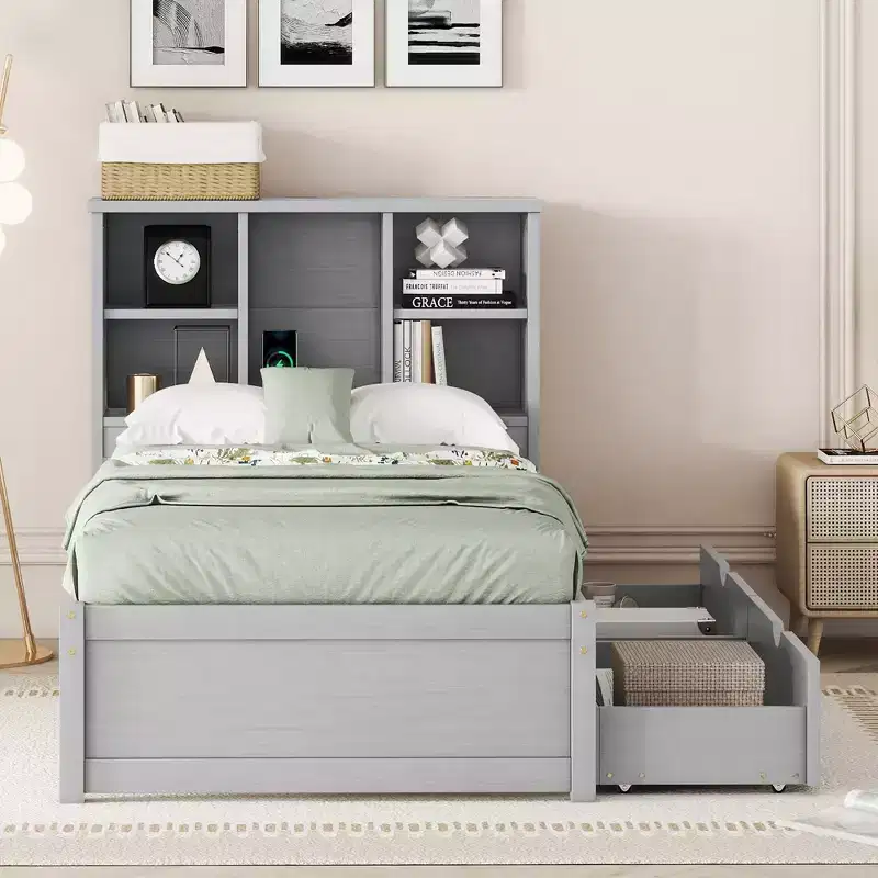 Grey Twin Platform Bed Frame with Bookcase Headboard & 2 Drawers, 1-Person