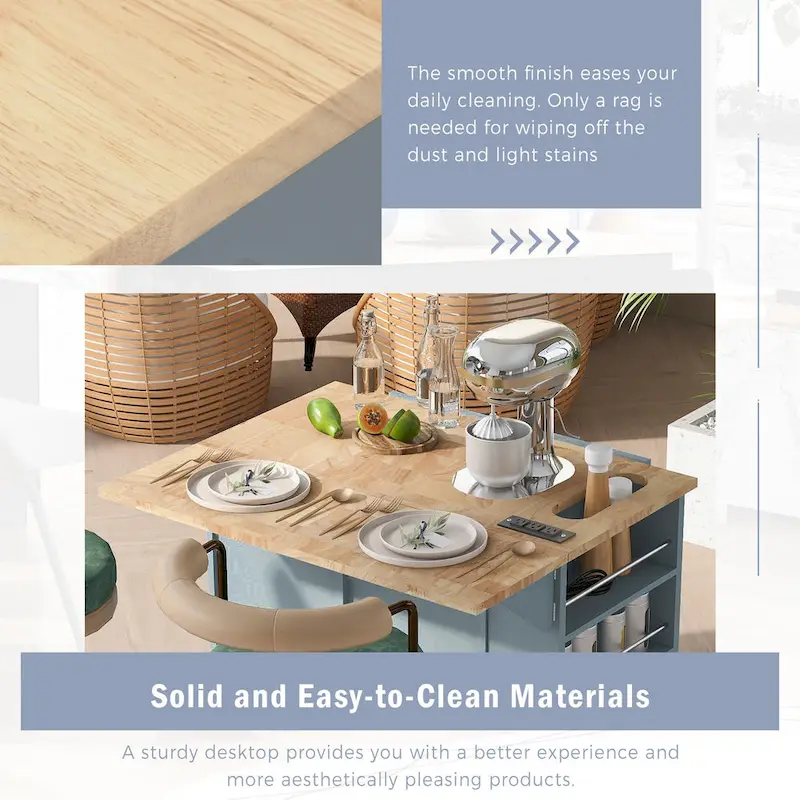 Adjustable Shelves Kitchen Island with Power Outlet and Drop Leaf