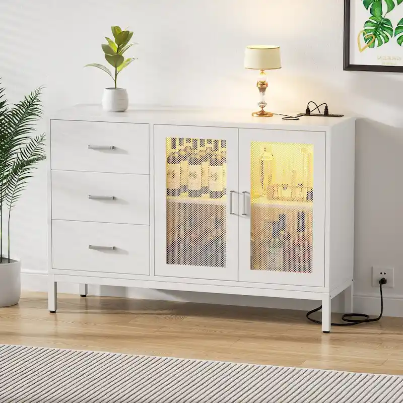 45 W Accent Cabinet with Drawers and Charge Station, Storage Sideboard with LED Light